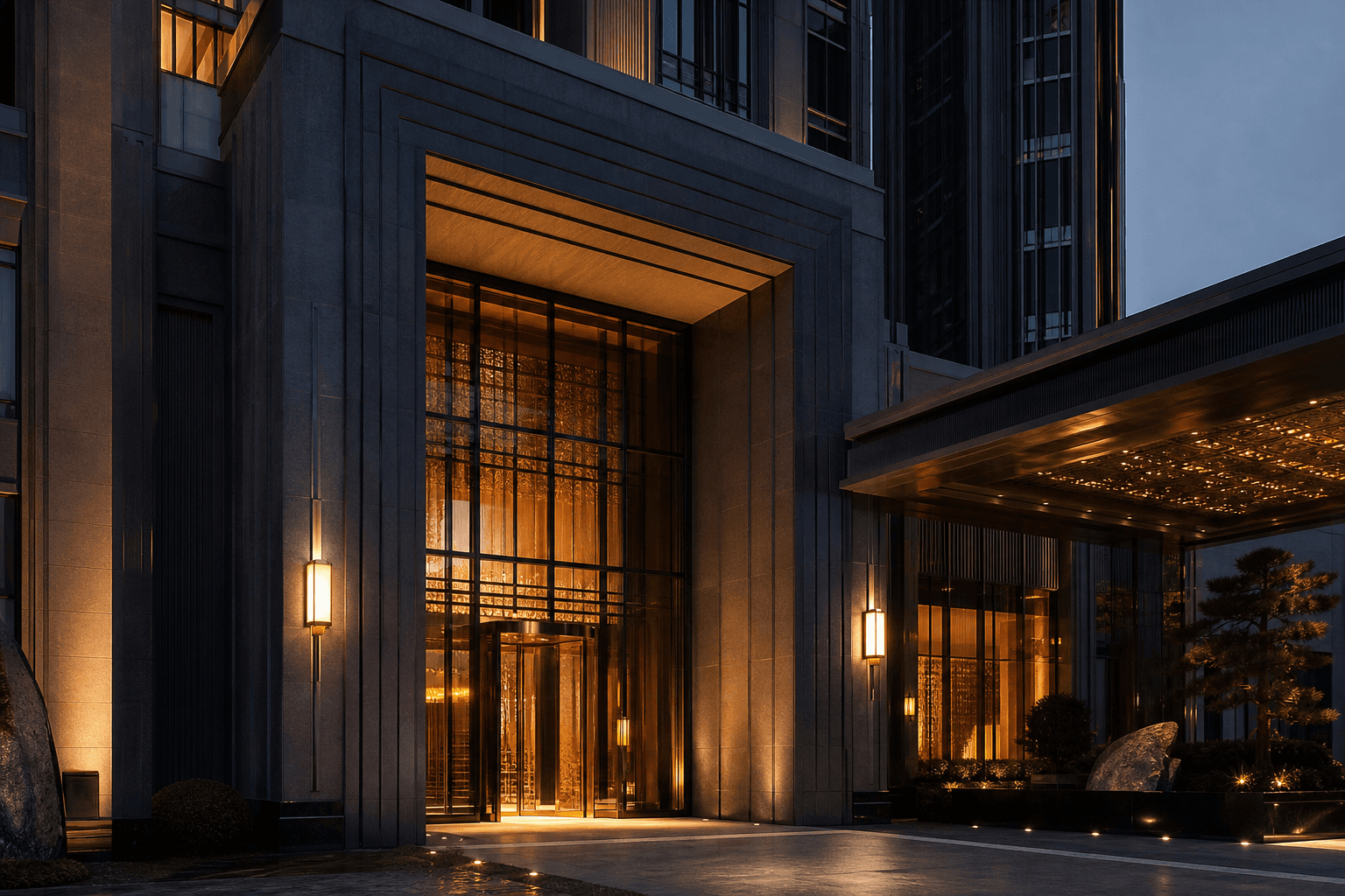 Monumental entrance of Maison Oriel at dusk